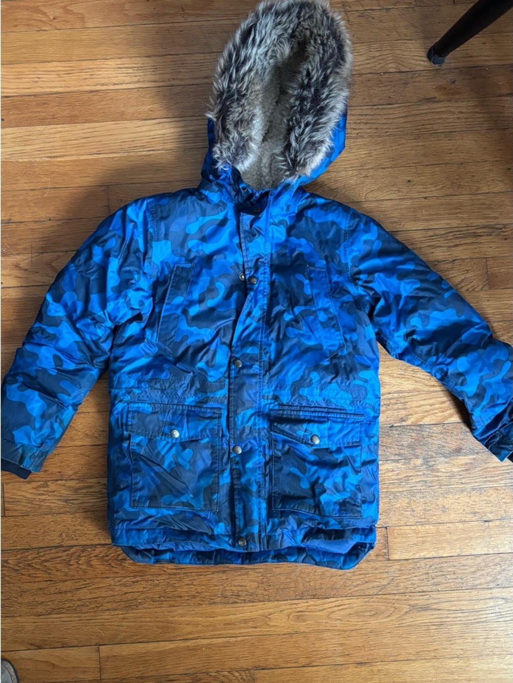 Lands' End Blue Camouflage Hooded Puffer with Faux Fur Trim